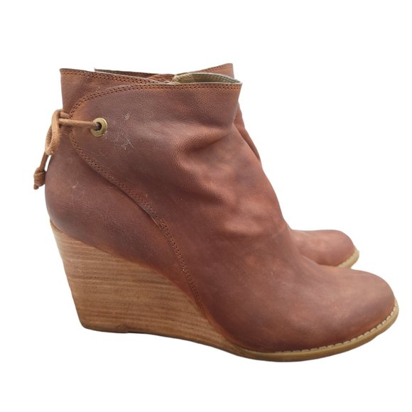 Lucky Brand Shoes - Lucky Brand  Yamina Wedge Bootie Womens 10.5  Ankle Boot Brown Leather Tie Back